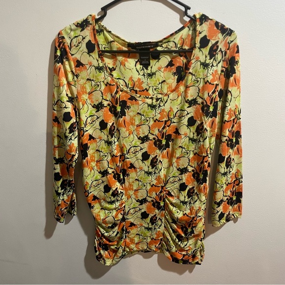 Ellen Tracy Silk Blend Blouse Women’s Medium Floral Print Yellow/Green Ruched - Picture 1 of 8